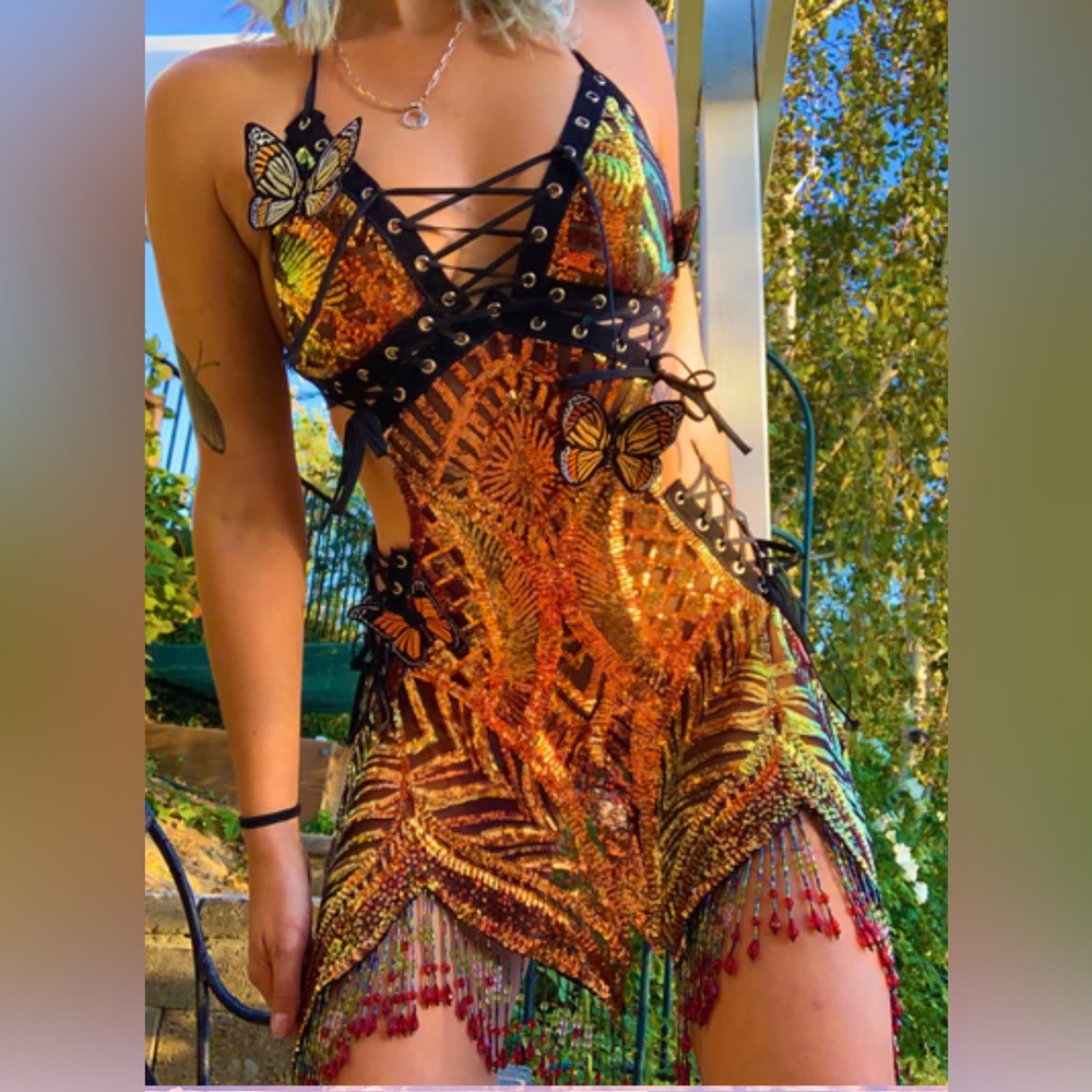 Disco Lemonade Monarch Butterfly Made to Order Dress Large Handmade